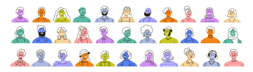Set of colored abstract avatars, head portraits of diverse people. Happy smiling faces of men and women characters, modern drawn user profiles. Flat vector illustration isolated on white background