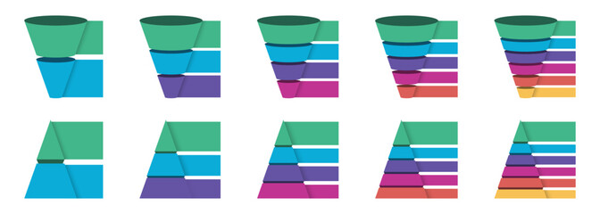 Business funnel and pyramid infographic elements. Layered stages diagram for marketing process and analytics presentation