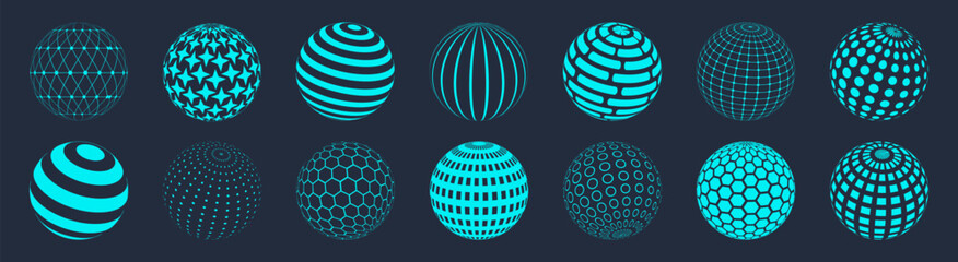 Abstract geometric sphere icons collection. Futuristic globe shapes made from lines, grids, hexagons and dots. Technology themed vector elements