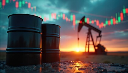 Oil barrels stand near pumpjack with stock market chart overlay at sunset. Crude oil extraction and energy trade analysis. Fossil fuel industry finance.