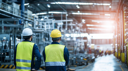 Factory supervisors wearing safety helmets and safety vests observing production line operation for quality control