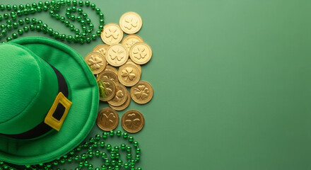 Vibrant Green Leprechaun Hat with Gold Coins and Festive Beads, Perfect for Celebrating St. Patricks Day