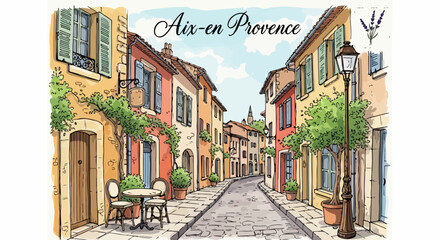 Malownicza ilustracja wąskiej uliczki Aix-en-Provence z kolorowymi kamienicami, brukowaną drogą i kawiarnianym stolikiem, oddająca urok południowej Francji.