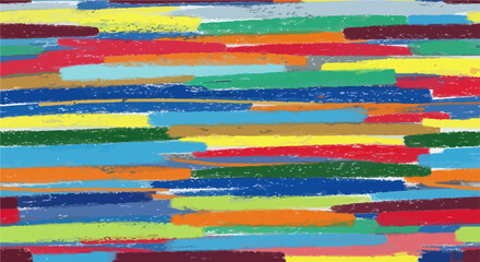 Abstrakcyjny wzór z poziomych, wielobarwnych pociągnięć kredki lub pasteli, tworzący dynamiczne i artystyczne tło.