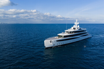 Motorboat sailing at sea. Luxury private yacht in sea. Motor yacht luxury vessel. Boat motor aerial. Vacation on summer. Aerial view motorboat. Luxury lifestyle. Vacation on summer. Yacht at sea