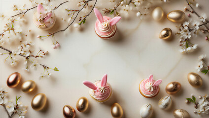 Marco de Pascua sobre mármol con cupcakes de conejo, huevos dorados y ramas de cerezo en flor, dejando un espacio central para texto.