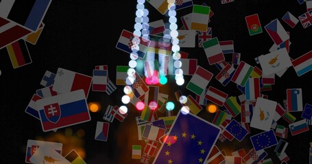 Floating flags overlapping on dark studio with vertical LED lights, showing EU Slovak Cyprus