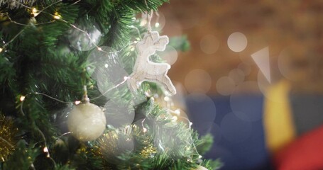 Showing tree branch at home holding white wooden reindeer, frosted bauble, warm lights and tinsel
