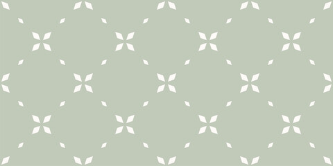 Elegant minimal floral geometric seamless pattern. Simple vector abstract background with small flowers, leaves, diamonds, grid. Pale green minimalist repeated texture. Design for textile, wallpapers