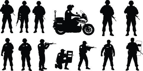 Black silhouettes of police officers, tactical swat teams with rifles, motorcycle cop, and riot police with shields, isolated on white.
