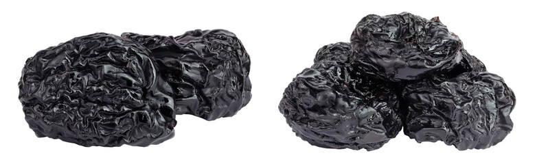 Prunes isolated on white background, heap of dried plums