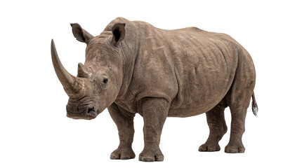 Powerful adult white rhinoceros standing, full body view of the massive African mammal with thick wrinkled skin and a prominent horn, isolated PNG