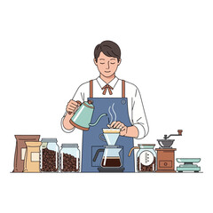 Barista making pour over coffee with fresh beans and equipment