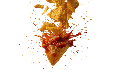 Tortilla chips falling into a bursting salsa dip, creating a dynamic splash of spicy flavor on transparent background