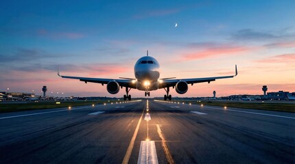 Cinematic Commercial Airplane on Airport Runway at Sunset with Dramatic Sky – Aviation Travel