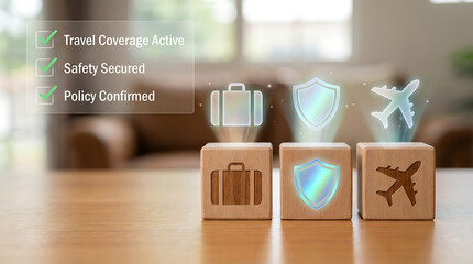 Travel protection icons on wooden blocks with suitcase shield and airplane symbols representing safety and security for tourists