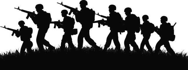Military soldiers patrol silhouette with rifles and combat gear walking formation army troops black silhouette vector illustration