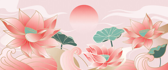 Lotus flower oriental background vector. Pink lotus blooms with sunrise, soft waves and leaves for banner, greeting card, wall art, packaging and digital media.