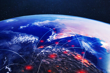 concept of global geopolitical tension. conflict in the Middle East on global trade and security. Missile attack. Earth showing red conflict zones in Iran and the Strait of Hormuz. military tension