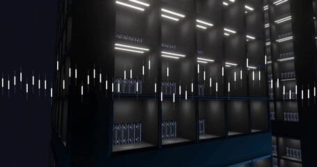 Showing modular server rack array glowing in data center with server blades and waveform lights