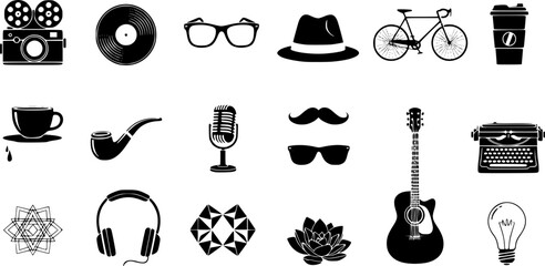 Collection of black and white silhouette icons representing various elements of hipster and indie culture