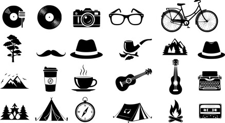 Collection of black and white silhouette icons representing various elements of hipster and indie culture