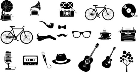 Collection of black and white silhouette icons representing various elements of hipster and indie culture