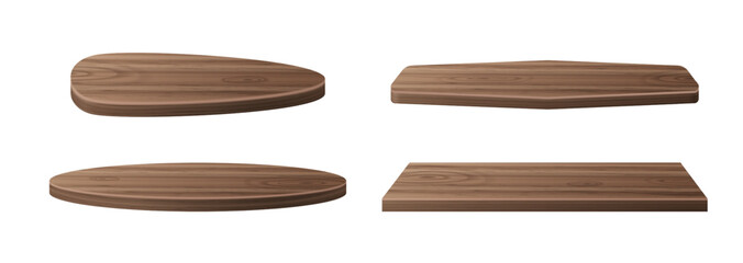 Wooden podium with natural wood grain texture, realistic vector illustration isolated on white background. Different shapes platforms, dark brown bases for product display