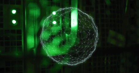 Glowing wireframe network sphere floating in data center, with green light bar and indicator lights
