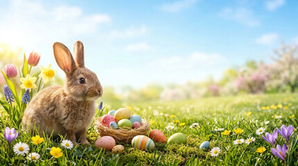 Cute brown easter bunny sitting on green grass near basket full of colorful painted eggs