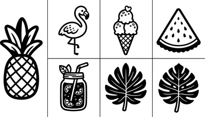 Black and white line art summer icons pineapple flamingo ice cream watermelon tropical leaves and lemonade jar set