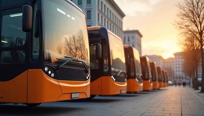 Electric buses parked on city street at sunset. Modern public transit vehicles represent green energy future. Clean transportation for urban environments.