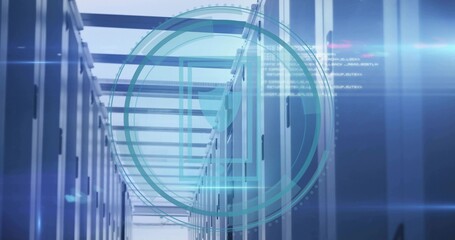 Displaying central server aisle in data center, showing HUD overlay, server racks and LED lights