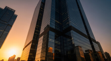 A low angle view of a modern skyscraper with reflective glass facade at sunset in a bustling city with other high rise buildings in the background