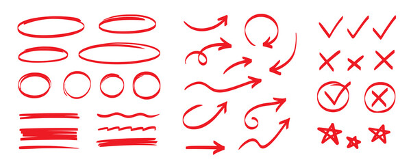 Hand drawn pen line highlight red set. Line red hand drawn pen marker stroke underline, arrow, check mark emphasis. Round oval, circle scribble frame, arrow elements . Vector illustration