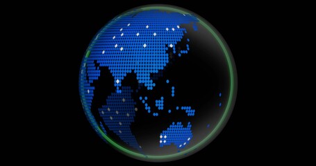 Spinning stylized globe showing blue dot map on black, with white lights and green rim