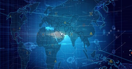 Displaying translucent world map highlighting Africa Europe Asia on virtual dashboard, with alerts