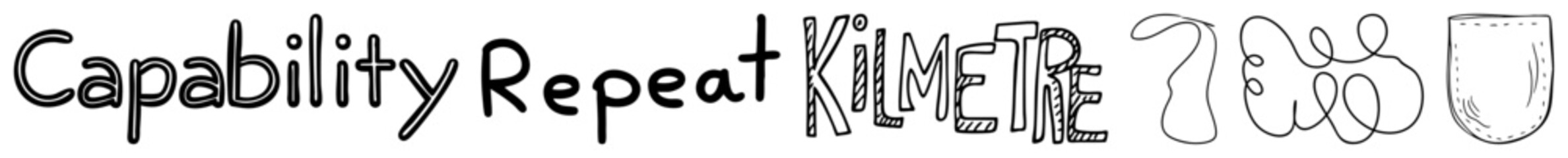 Custom lettering design featuring “Capability Repeat Kilometre” with playful, sketchy fonts and abstract doodle, ideal for creative branding or indie projects.