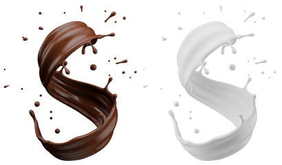 Set of milk and chocolate splashes solated on a white background. 3D render