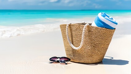 Straw beach bag with towel and sunglasses on tropical sand summer vacation concept