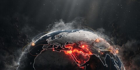Stylized earth globe showing global conflict zones with glowing red heat over middle east and eastern europe regions in outer space