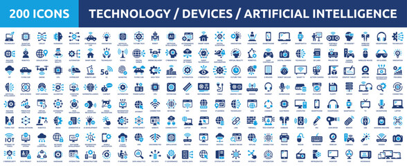 Huge set of 200 solid icons. Mega collection concept of artificial intelligence, technology, devices and digital. Vector illustration.