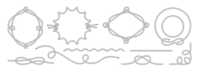 Rope wavy border with circle frame and brush knot shape. String cowboy pattern with vector boarder western and cord knit. Curve braid rope with nautical outline shape