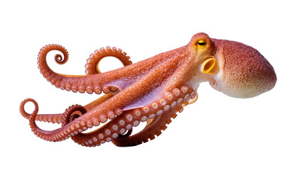 Isolated stunning vibrant orange octopus with gracefully curled tentacles, elegant marine animal