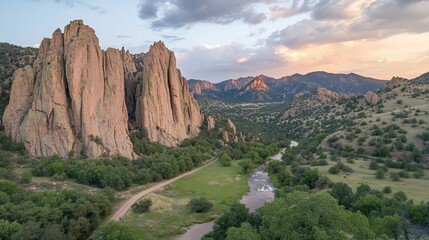 Sunset aerial view of canyon, river, and mountains
