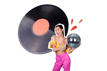 Composite art 3d creative image collage of happy carefree girl hold retro disco ball vinyl disk record friday party celebration