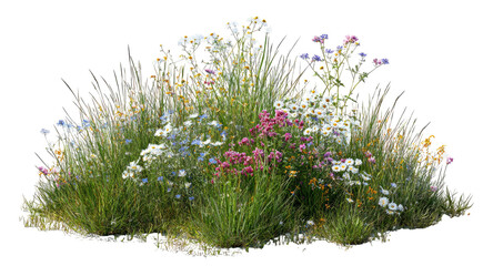 Isolated wildflower patch, lush summer meadow blooms, tall grass plants, scenic herbal groundcover