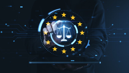 Digital justice and EU law balance symbol over futuristic interface highlighting governance, regulation, cybersecurity, and legal oversight.