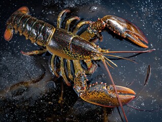 Fresh Live Lobster on Ice Close Up Black Spotted Shell Seafood Ingredient for Gourmet Restaurant Market Display