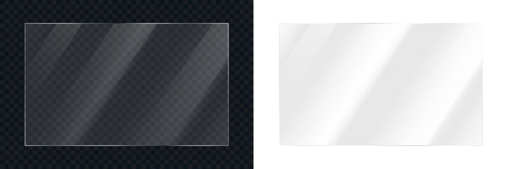 Realistic transparent shiny glossy glass panel with light glare reflective surface effect overlay, shiny transparent plastic panel, clear plastic sheets with reflection on transparent and white backgr